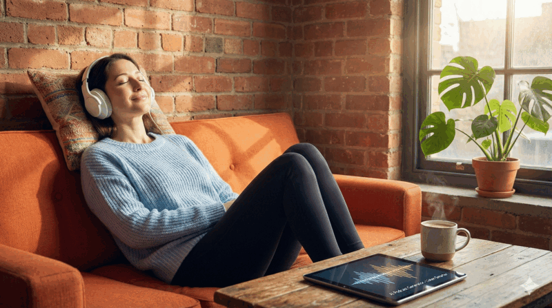 Person relaxing with headphones, enjoying a podcast